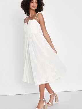 NWT  Lulus Charismatic Sweetie White Lace Ruched Tie-Strap Midi Dress size S